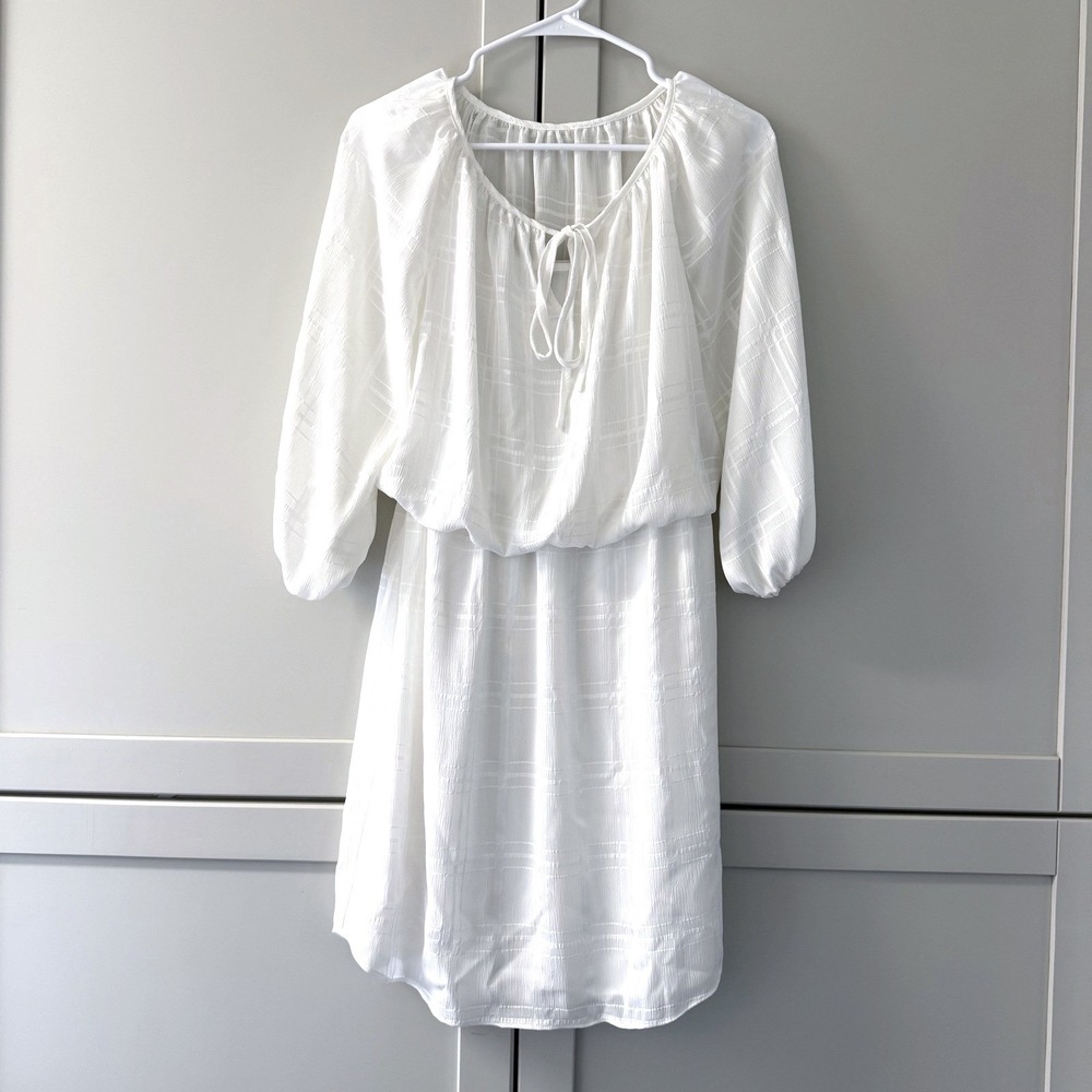 Chaps‎ Womens White Plaid Textured Scoop Neck Elastic Waist Dress Small Peasant